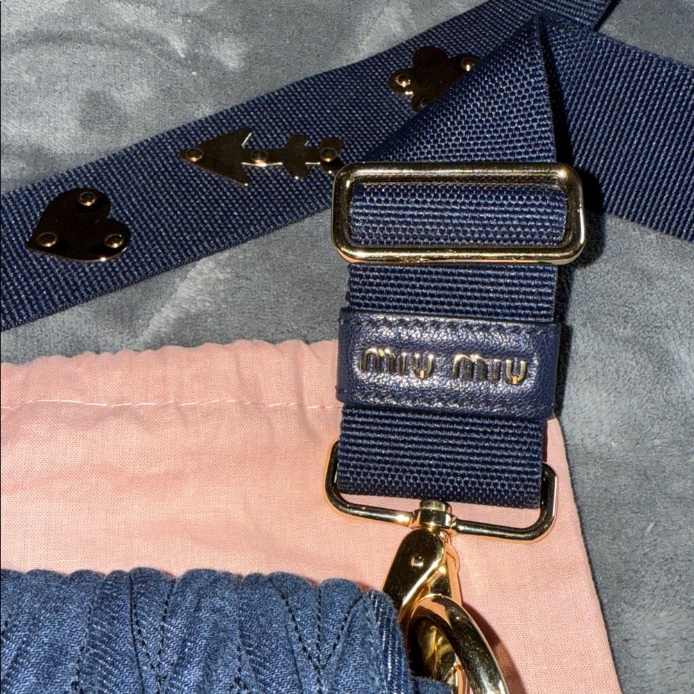 Miu Miu logo Maltalese Denim Blue Quilted Crossbody Bag gold hardware dust bag - Picture 6 of 15